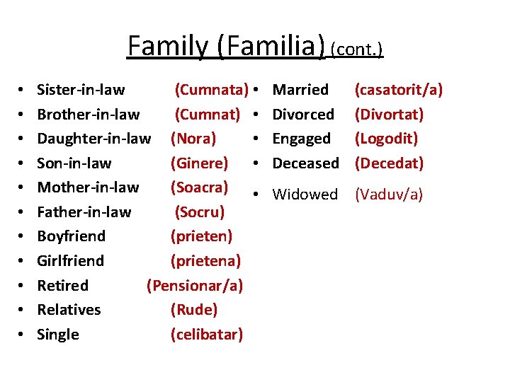 Family (Familia) (cont. ) • • • Sister-in-law (Cumnata) • Brother-in-law (Cumnat) • •