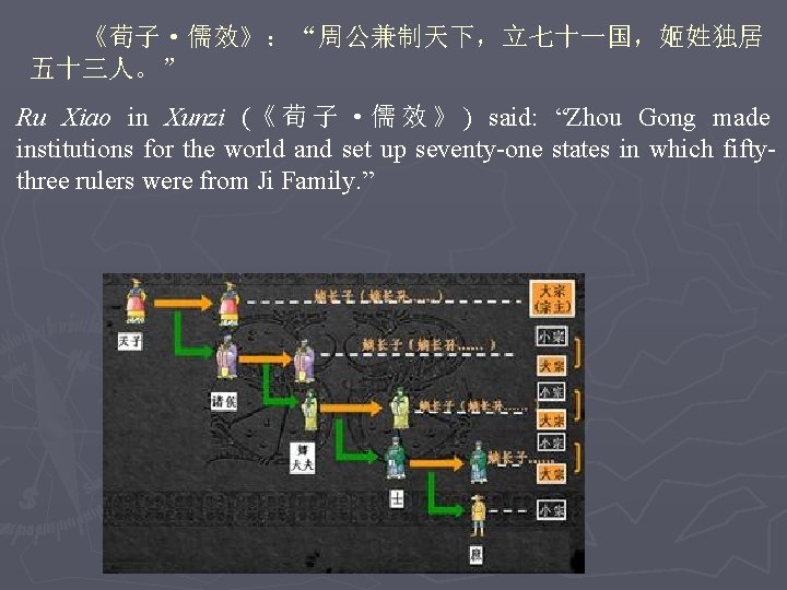 《荀子·儒效》：“周公兼制天下，立七十一国，姬姓独居 五十三人。” Ru Xiao in Xunzi (《 荀 子 ·儒 效 》 ) said: