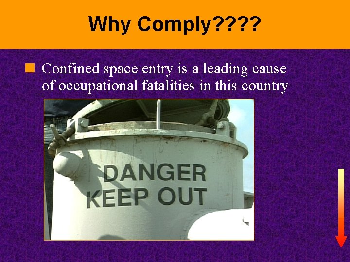 Why Comply? ? n Confined space entry is a leading cause of occupational fatalities