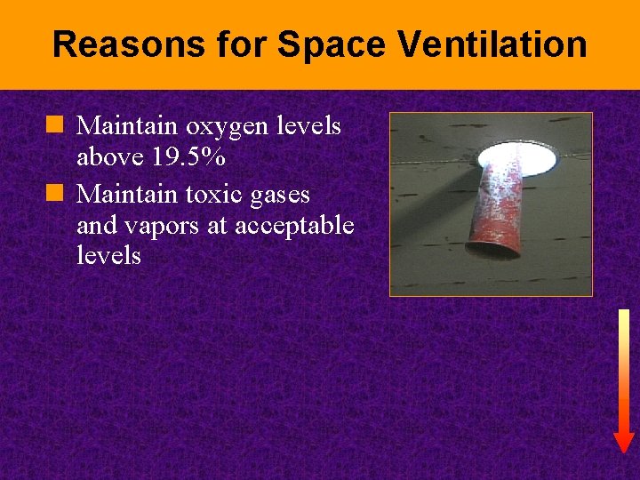 Reasons for Space Ventilation n Maintain oxygen levels above 19. 5% n Maintain toxic