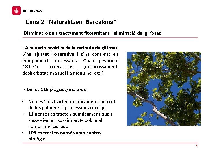 Ecologia Urbana Línia 2. “Naturalitzem Barcelona” Disminució dels tractament fitosanitaris i eliminació del glifosat