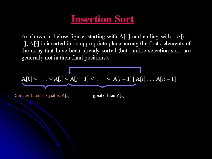 Insertion Sort As shown in below figure, starting with A[1] and ending with A[n