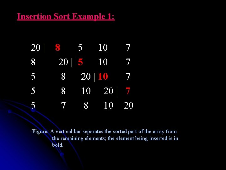 Insertion Sort Example 1: 20 | 8 5 10 7 8 20 | 5