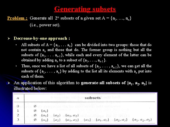 Generating subsets Problem : Generate all 2 n subsets of a given set A
