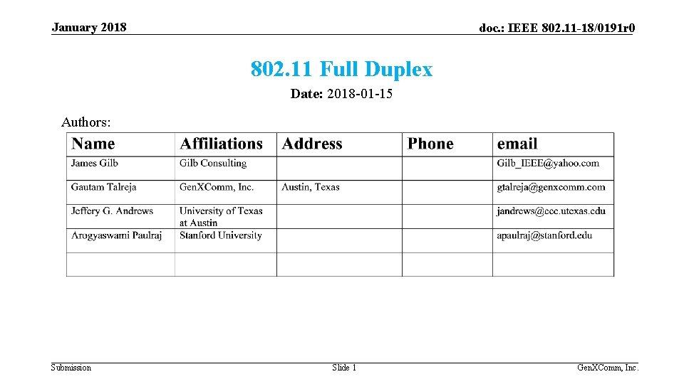 January 2018 doc. : IEEE 802. 11 -18/0191 r 0 802. 11 Full Duplex