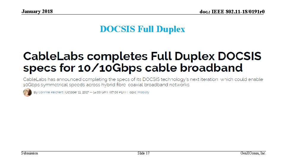January 2018 doc. : IEEE 802. 11 -18/0191 r 0 DOCSIS Full Duplex Submission