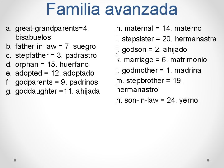 Familia avanzada a. great-grandparents=4. bisabuelos b. father-in-law = 7. suegro c. stepfather = 3.