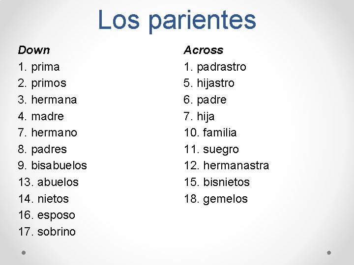 Los parientes Down 1. prima 2. primos 3. hermana 4. madre 7. hermano 8.