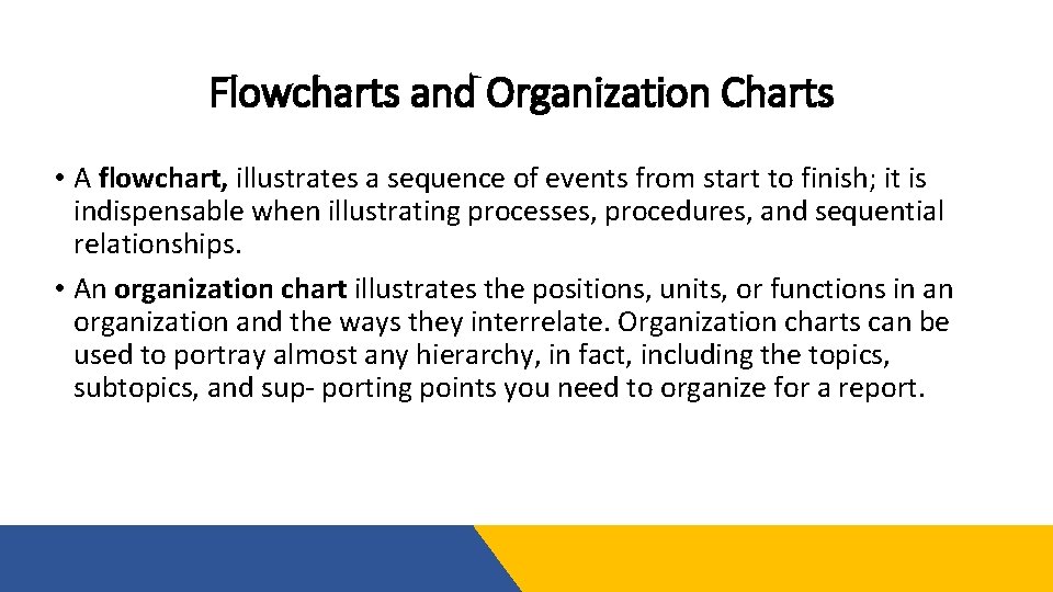 Flowcharts and Organization Charts • A flowchart, illustrates a sequence of events from start