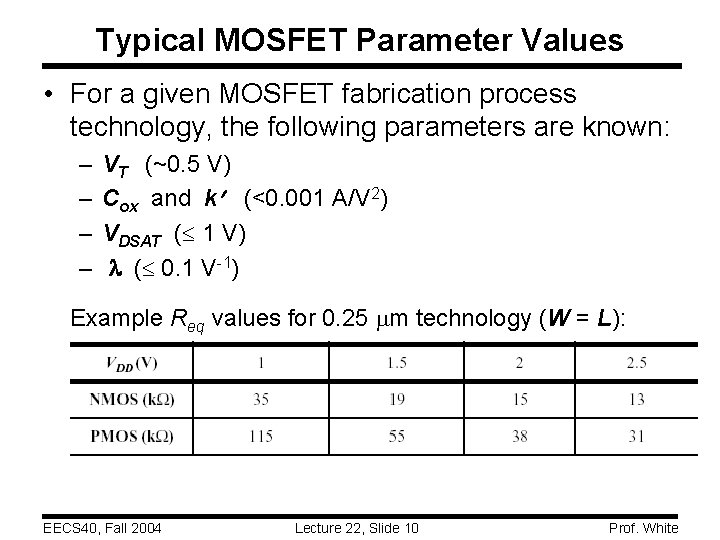 Typical MOSFET Parameter Values • For a given MOSFET fabrication process technology, the following