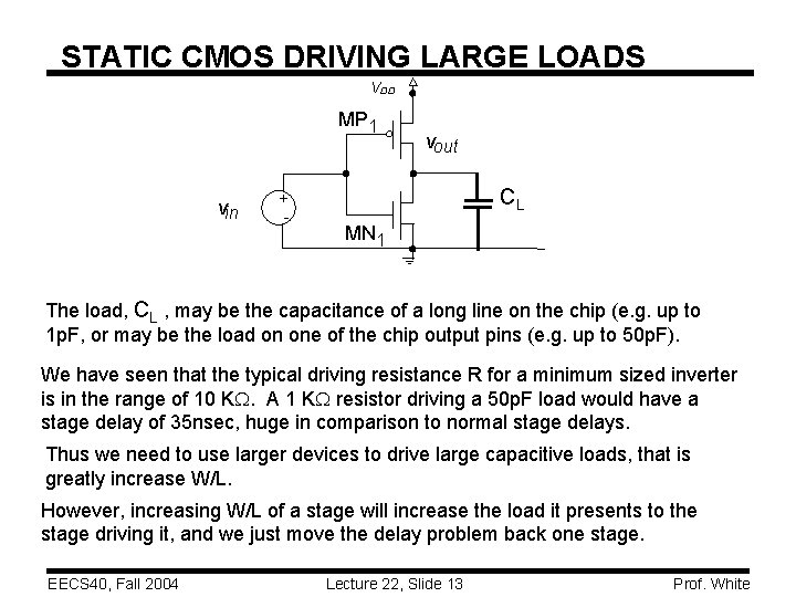 STATIC CMOS DRIVING LARGE LOADS VDD MP 1 vin + - vout CL MN