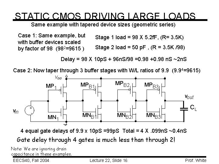 STATIC CMOS DRIVING LARGE LOADS Same example with tapered device sizes (geometric series) Case