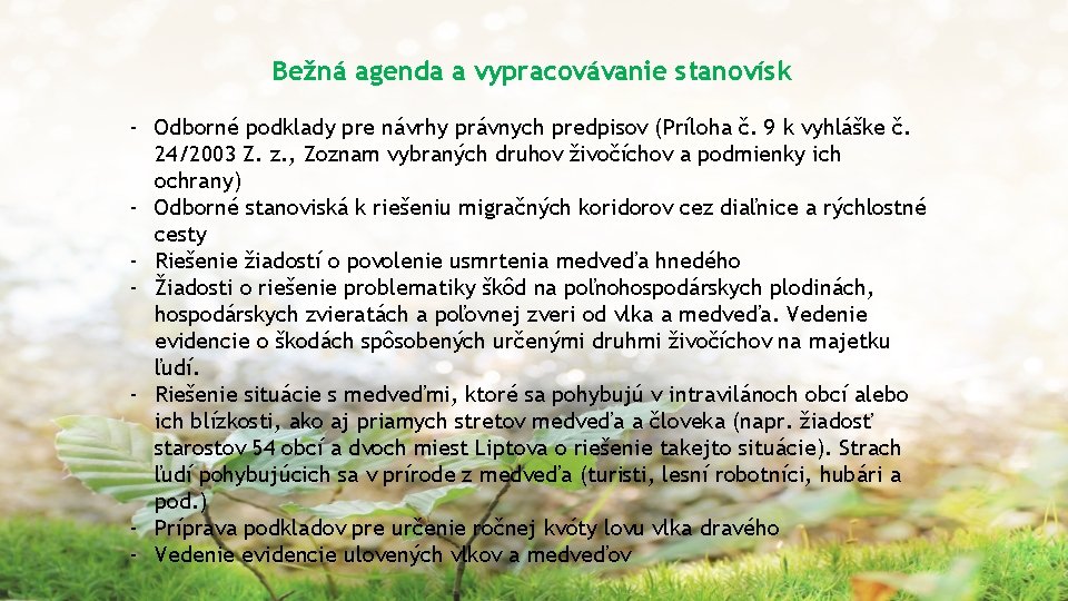 Bežná agenda a vypracovávanie stanovísk - Odborné podklady pre návrhy právnych predpisov (Príloha č.