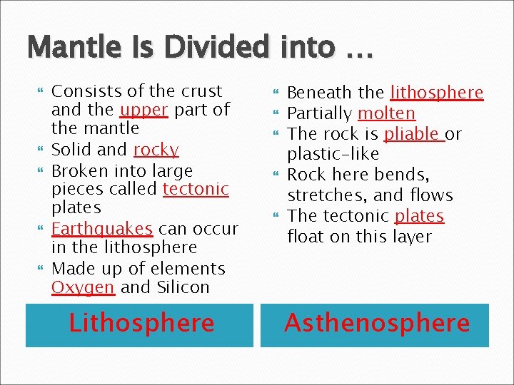 Mantle Is Divided into … Consists of the crust and the upper part of