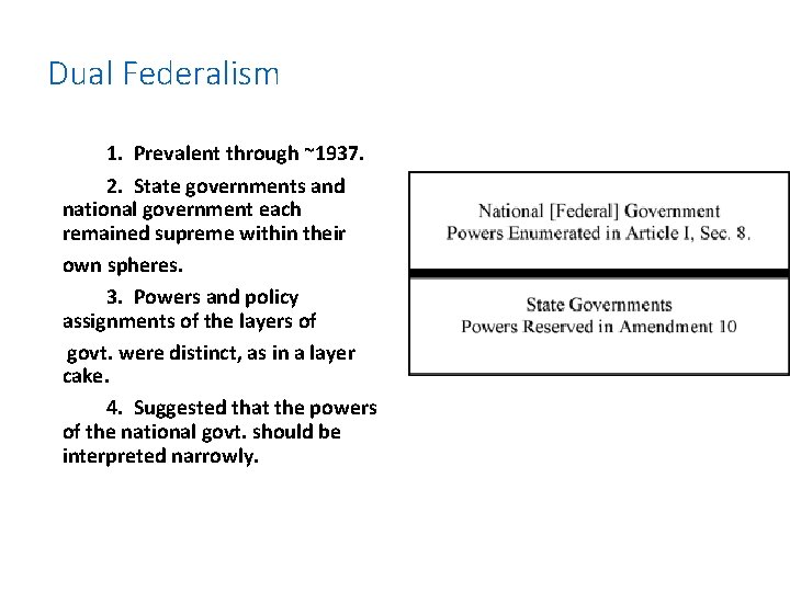 Dual Federalism 1. Prevalent through ~1937. 2. State governments and national government each remained