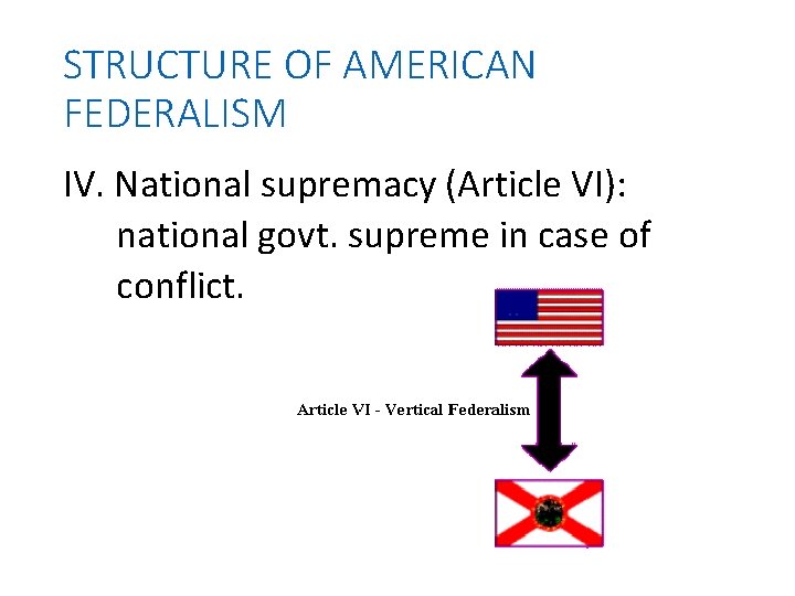 STRUCTURE OF AMERICAN FEDERALISM IV. National supremacy (Article VI): national govt. supreme in case