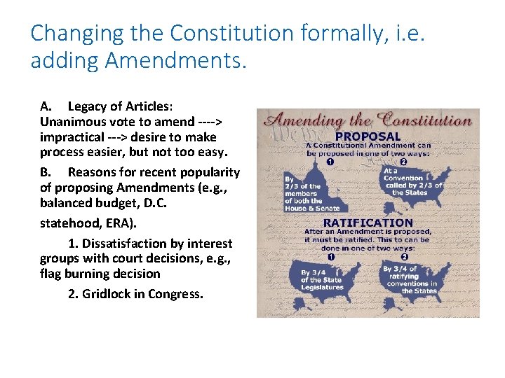 Changing the Constitution formally, i. e. adding Amendments. A. Legacy of Articles: Unanimous vote