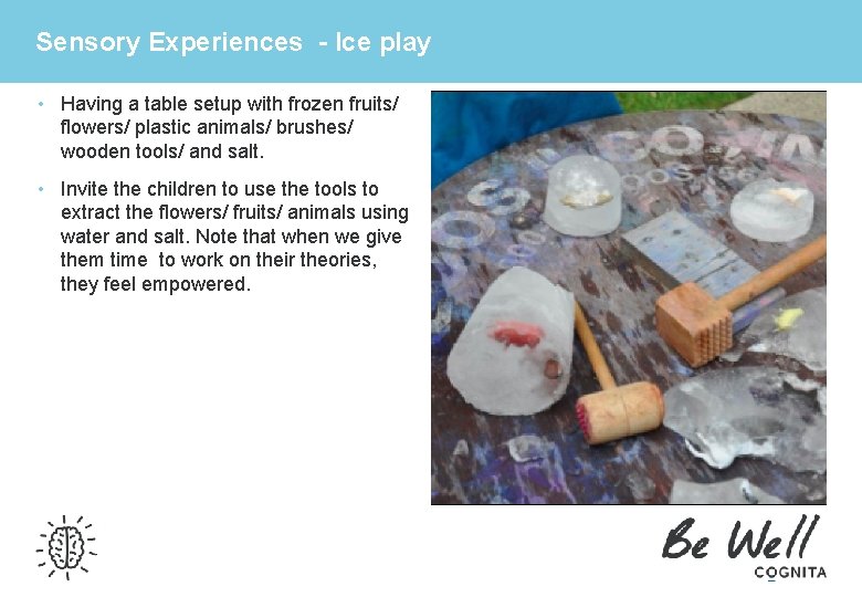 Sensory Experiences - Ice play • Having a table setup with frozen fruits/ flowers/