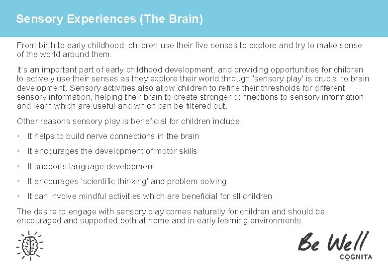 Sensory Experiences (The Brain) From birth to early childhood, children use their five senses