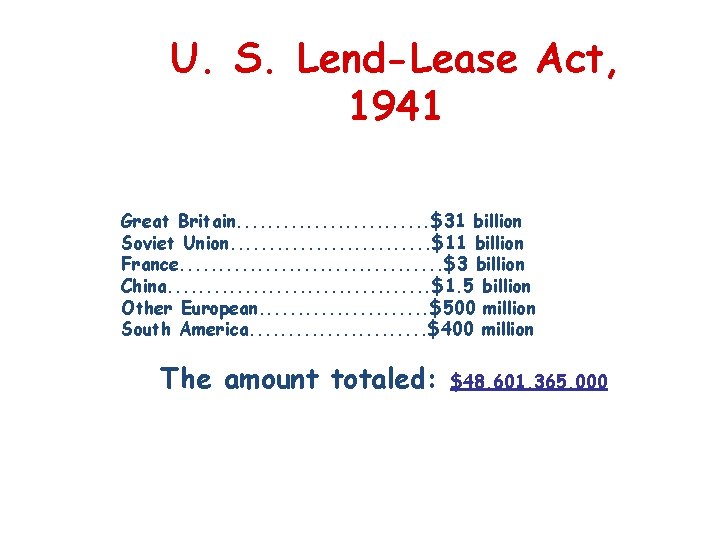 U. S. Lend-Lease Act, 1941 Great Britain. . . $31 billion Soviet Union. .