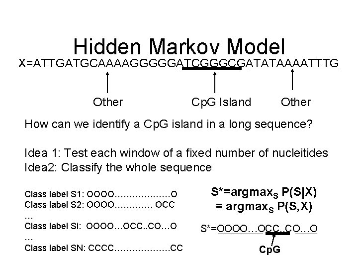 Hidden Markov Model X=ATTGATGCAAAAGGGGGATCGGGCGATATAAAATTTG Other Cp. G Island Other How can we identify a