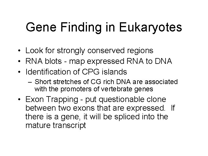 Gene Finding in Eukaryotes • Look for strongly conserved regions • RNA blots -