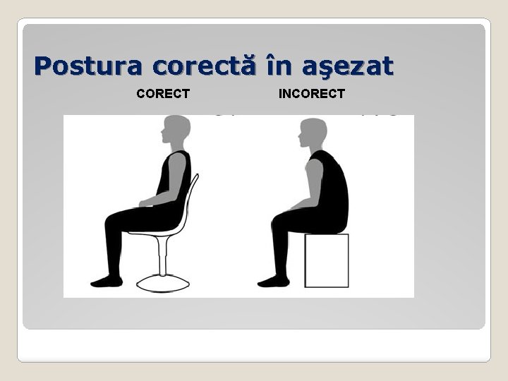 Postura corectă în aşezat CORECT INCORECT 