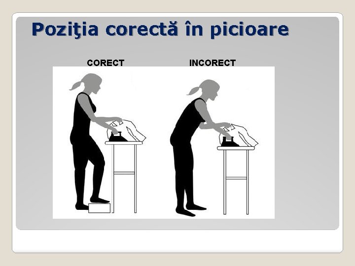 Poziţia corectă în picioare CORECT INCORECT 