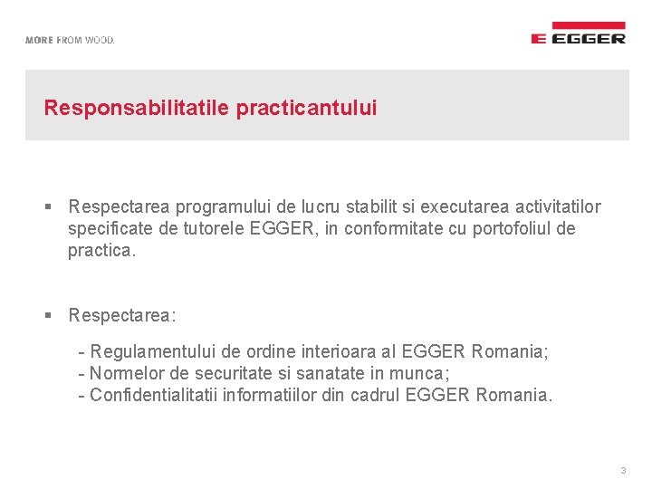 Responsabilitatile practicantului § Respectarea programului de lucru stabilit si executarea activitatilor specificate de tutorele