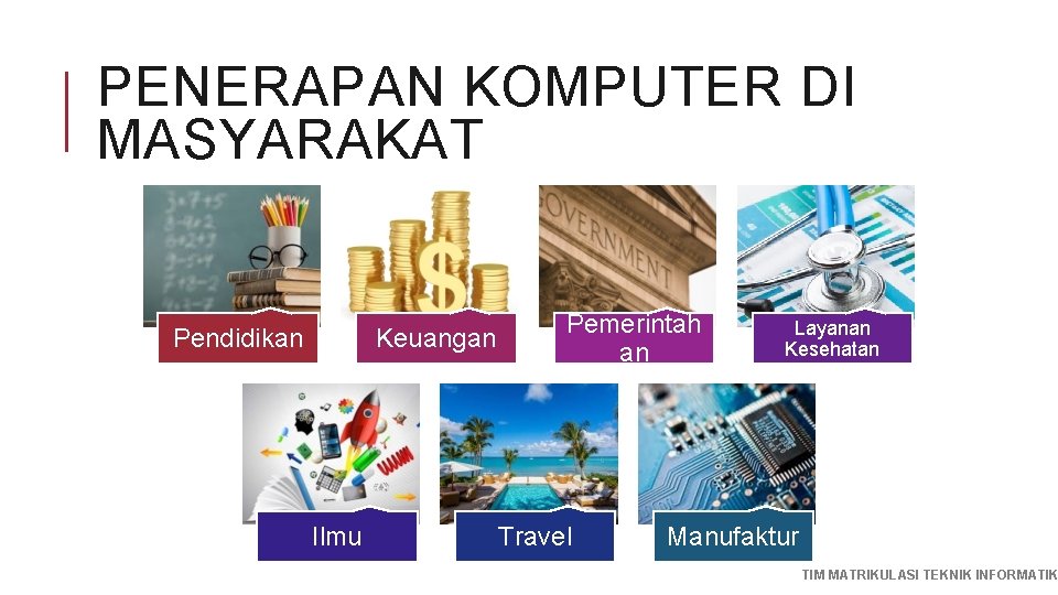 PENERAPAN KOMPUTER DI MASYARAKAT Pendidikan Keuangan Ilmu Pemerintah an Travel Layanan Kesehatan Manufaktur TIM