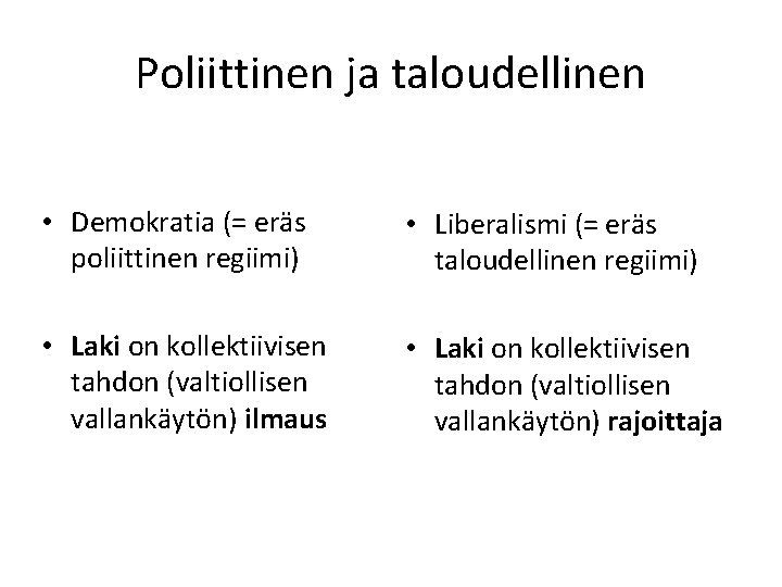 Poliittinen ja taloudellinen • Demokratia (= eräs poliittinen regiimi) • Liberalismi (= eräs taloudellinen