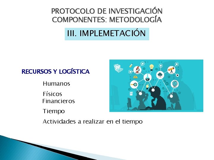 PROTOCOLO DE INVESTIGACIÓN COMPONENTES: METODOLOGÍA III. IMPLEMETACIÓN RECURSOS Y LOGÍSTICA Humanos Físicos Financieros Tiempo