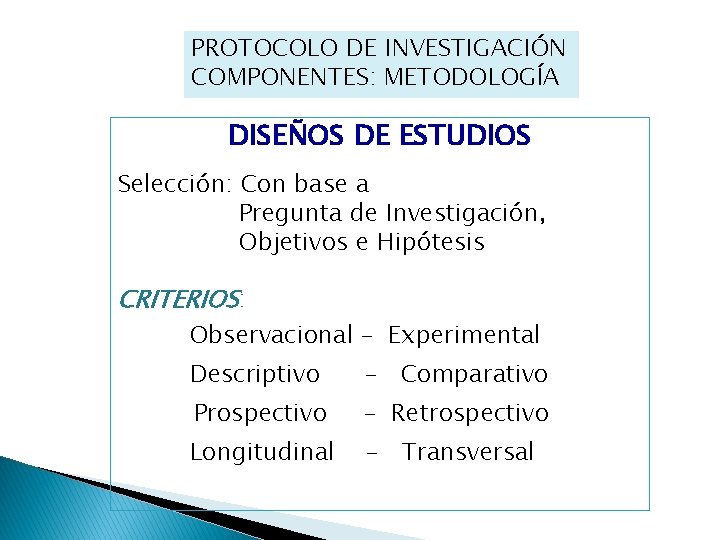 PROTOCOLO DE INVESTIGACIÓN COMPONENTES: METODOLOGÍA DISEÑOS DE ESTUDIOS Selección: Con base a Pregunta de