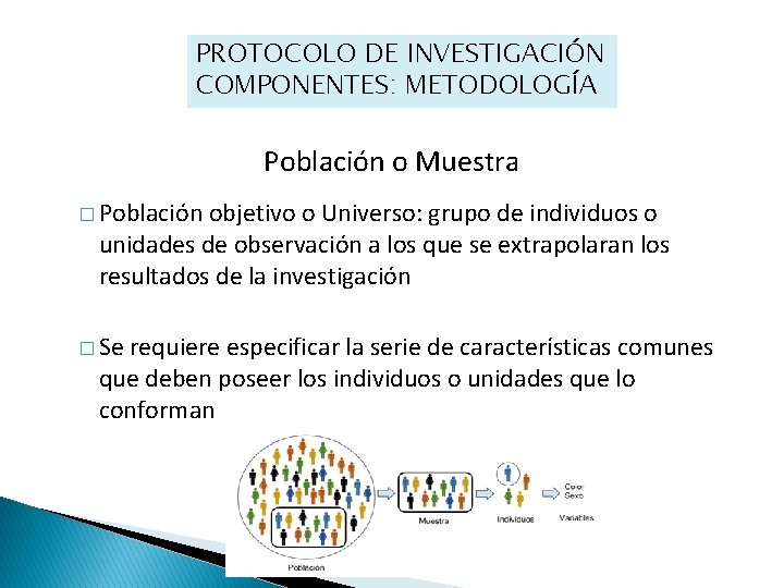 PROTOCOLO DE INVESTIGACIÓN COMPONENTES: METODOLOGÍA Población o Muestra � Población objetivo o Universo: grupo