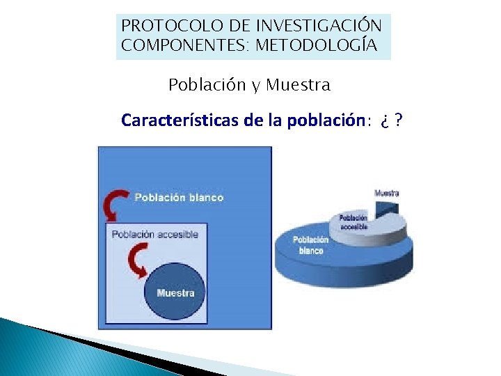 PROTOCOLO DE INVESTIGACIÓN COMPONENTES: METODOLOGÍA Población y Muestra Características de la población: ¿ ?