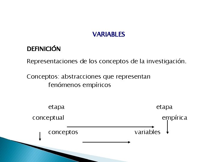 VARIABLES DEFINICIÓN Representaciones de los conceptos de la investigación. Conceptos: abstracciones que representan fenómenos