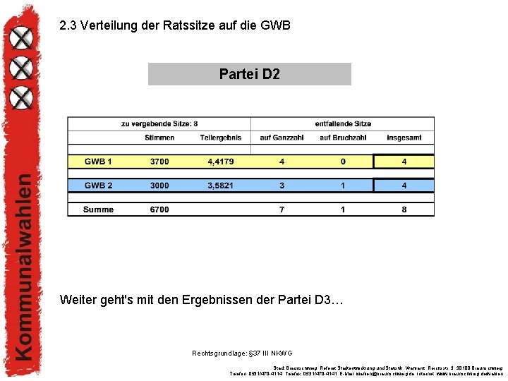 2. 3 Verteilung der Ratssitze auf die GWB Partei D 2 Weiter geht's mit