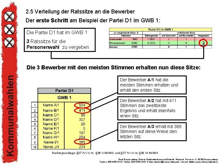 2. 5 Verteilung der Ratssitze an die Bewerber Der erste Schritt am Beispiel der