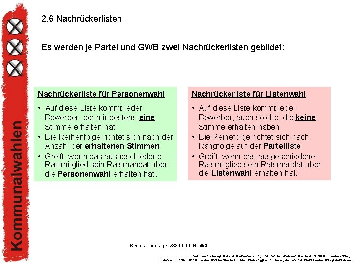 2. 6 Nachrückerlisten Es werden je Partei und GWB zwei Nachrückerlisten gebildet: Nachrückerliste für