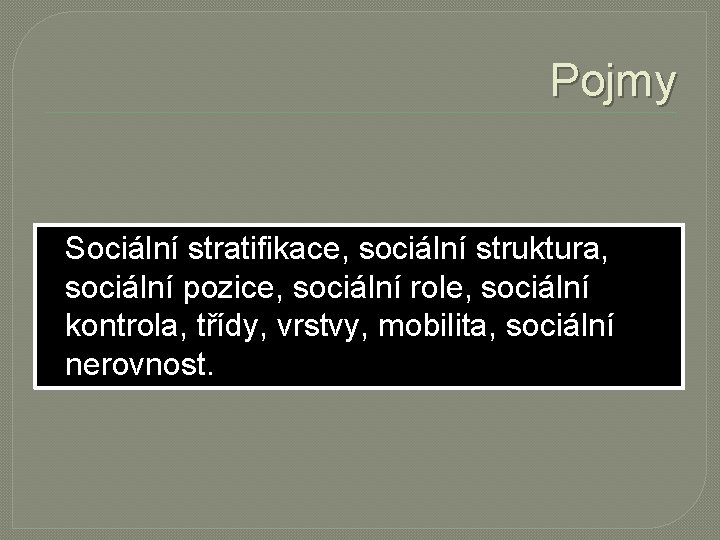 Pojmy Sociální stratifikace, sociální struktura, sociální pozice, sociální role, sociální kontrola, třídy, vrstvy, mobilita,