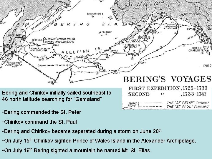 Bering and Chirikov initially sailed southeast to 46 north latitude searching for “Gamaland” •