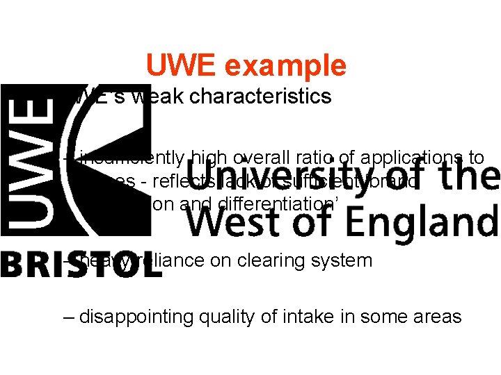 UWE example • UWE’s weak characteristics – insufficiently high overall ratio of applications to