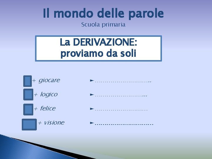 Il mondo delle parole Scuola primaria La DERIVAZIONE: proviamo da soli ri + giocare