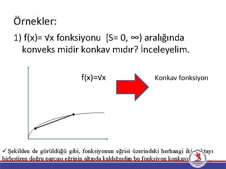 Örnekler: 1) f(x)= √x fonksiyonu [S= 0, ∞) aralığında konveks midir konkav mıdır? İnceleyelim.