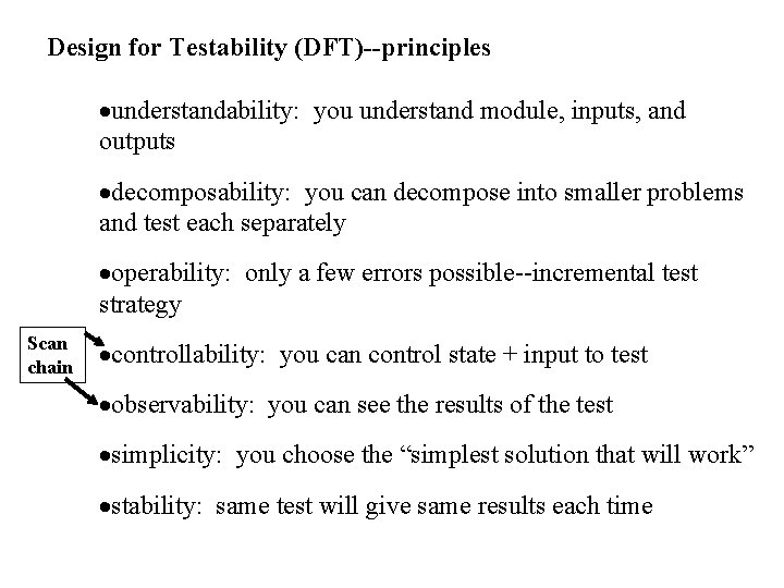 Design for Testability (DFT)--principles ·understandability: you understand module, inputs, and outputs ·decomposability: you can