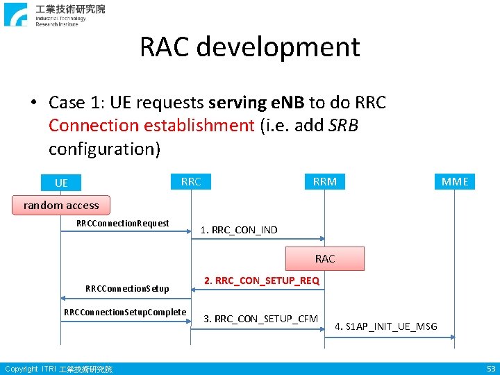 RAC development • Case 1: UE requests serving e. NB to do RRC Connection RAC development • Case 1: UE requests serving e. NB to do RRC Connection