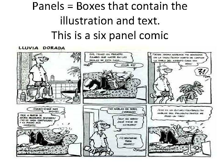 Panels = Boxes that contain the illustration and text. This is a six panel