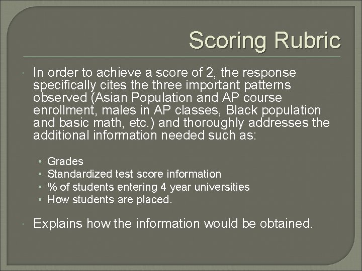 Scoring Rubric In order to achieve a score of 2, the response specifically cites