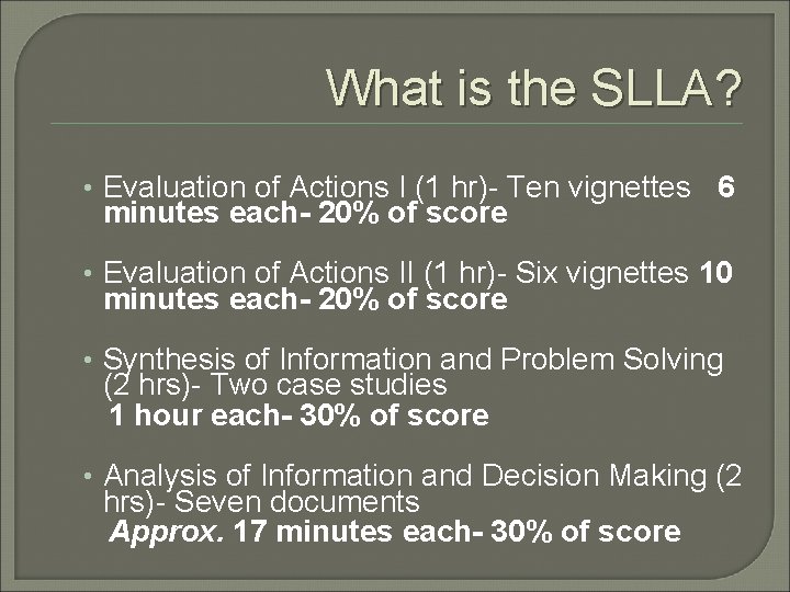 What is the SLLA? • Evaluation of Actions I (1 hr)- Ten vignettes 6