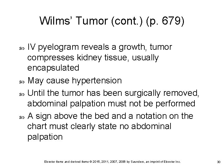 Wilms’ Tumor (cont. ) (p. 679) IV pyelogram reveals a growth, tumor compresses kidney Wilms’ Tumor (cont. ) (p. 679) IV pyelogram reveals a growth, tumor compresses kidney